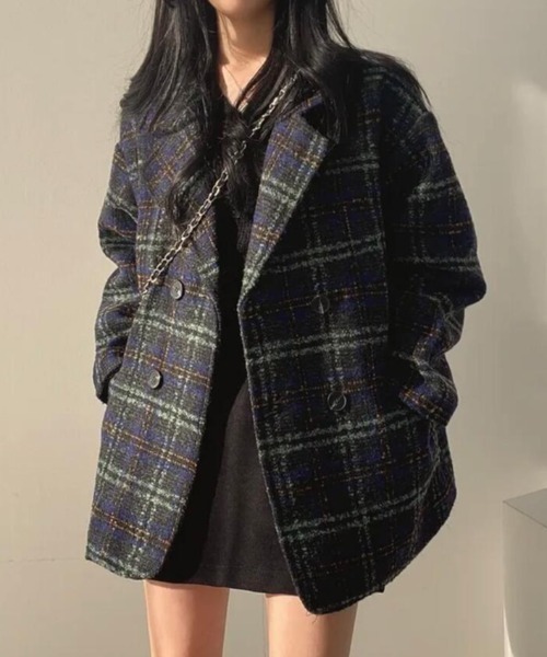 semplice（センプリチェ）の「チェック柄ダブルブレストコート