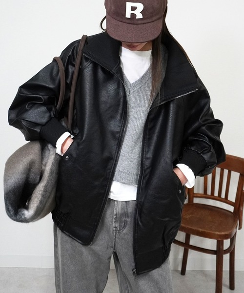 gossara（ゴサラ）の「スタンドカラー合皮ブルゾン（ブルゾン・レディース・ブラウン/ブラック・FREE）」の2枚目の写真