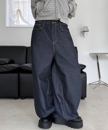 ノンフェード バック クロス ステッチ デニム ワイド パンツ