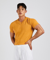 LEVELD（レブエルド）の「マッスルフィット半袖Vネックニットオレンジ（Tシャツ/カットソー）」