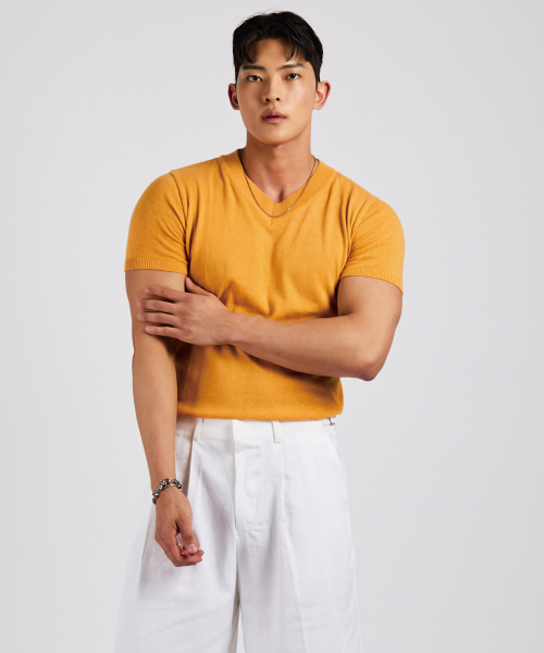 LEVELD（レブエルド）の「マッスルフィット半袖Vネックニットオレンジ（Tシャツ/カットソー・メンズ・シャーベット・MEDIUM/LARGE）」の2枚目の写真