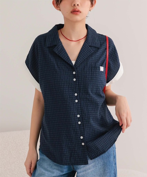 miette(ミエット)の「オープンカラーダブルボタン半袖シャツ(シャツ/ブラウス・レディース・ホワイト/ネイビー/ライトブルー・S/L/M)」の3枚目の写真