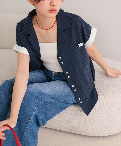 miette(ミエット)の「オープンカラーダブルボタン半袖シャツ(シャツ/ブラウス・レディース・ホワイト/ネイビー/ライトブルー・S/L/M)」の15枚目の写真