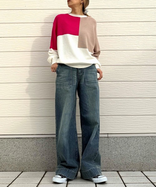 Q（キュー）の「ブロッキングカラーニット（ニット/セーター・レディース・ライトグレー/ネイビー/アイボリー・MEDIUM）」の19枚目の写真