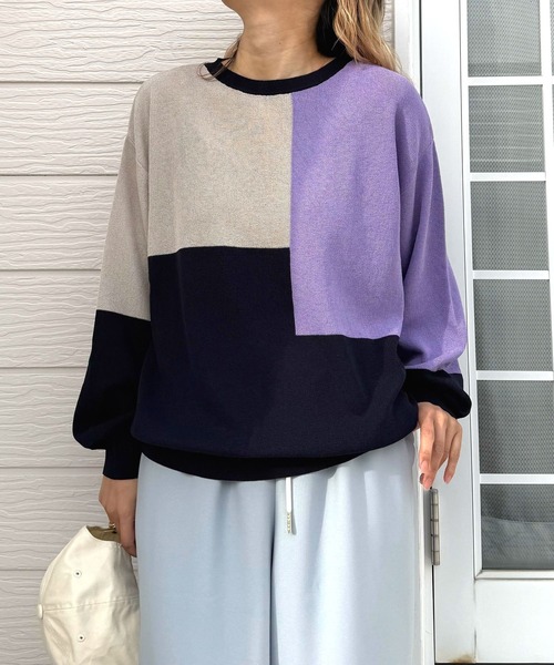 Q（キュー）の「ブロッキングカラーニット（ニット/セーター・レディース・ライトグレー/ネイビー/アイボリー・MEDIUM）」の7枚目の写真