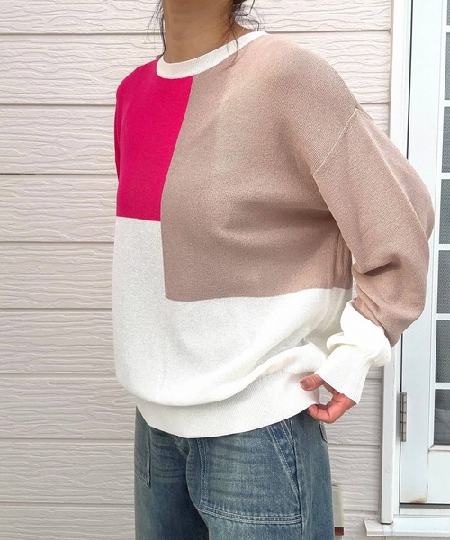 Q（キュー）の「ブロッキングカラーニット（ニット/セーター・レディース・ライトグレー/ネイビー/アイボリー・MEDIUM）」の11枚目の写真