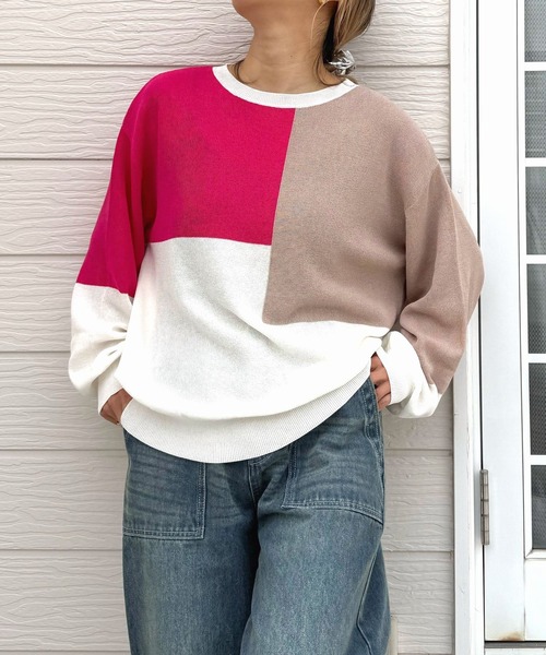 Q（キュー）の「ブロッキングカラーニット（ニット/セーター・レディース・ライトグレー/ネイビー/アイボリー・MEDIUM）」の10枚目の写真