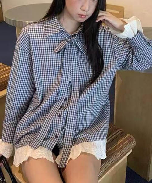 Achic(アシック)の「レース付きチェックシャツ(シャツ/ブラウス・レディース・ブルー・M)」の9枚目の写真