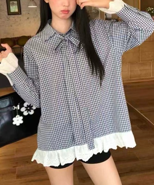 Achic(アシック)の「レース付きチェックシャツ(シャツ/ブラウス・レディース・ブルー・M)」の12枚目の写真