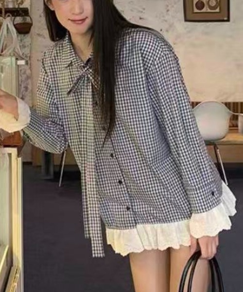 Achic(アシック)の「レース付きチェックシャツ(シャツ/ブラウス・レディース・ブルー・M)」の13枚目の写真