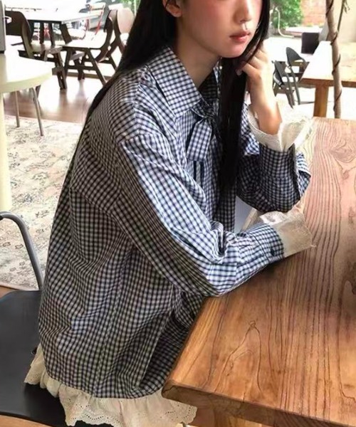 Achic(アシック)の「レース付きチェックシャツ(シャツ/ブラウス・レディース・ブルー・M)」の15枚目の写真
