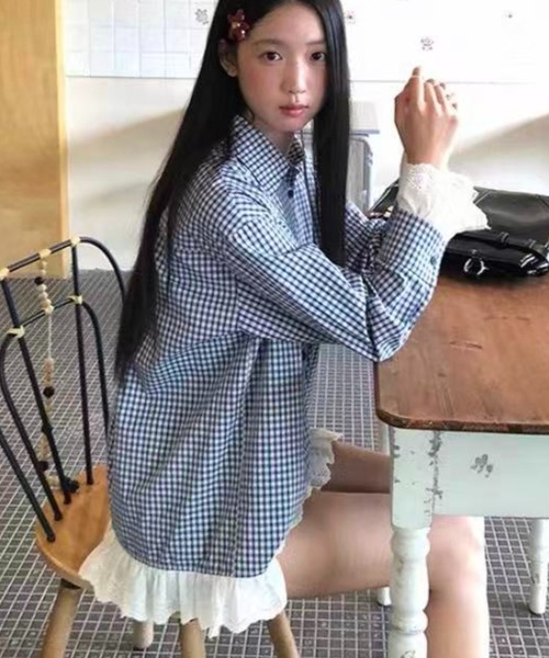 Achic(アシック)の「レース付きチェックシャツ(シャツ/ブラウス・レディース・ブルー・M)」の16枚目の写真