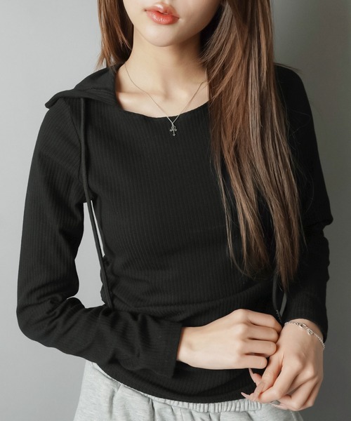 SPINNS(スピンズ)の「シンプルなのに今っぽ☆フード付きギャザーカットソー(Tシャツ/カットソー・レディース・杢グレー/ブルー/ブラウン/ブラック・ONESIZE)」の17枚目の写真