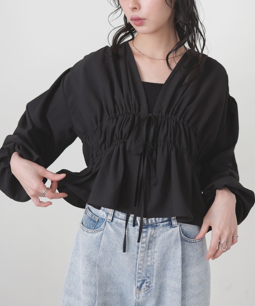 ジプソフィア 21SS バルーンブラウス シャツ 半袖 リボン Free 黒 Firsthand/＜新色追加＞切替デザイン バルーンスリーブシャツ / 5分袖