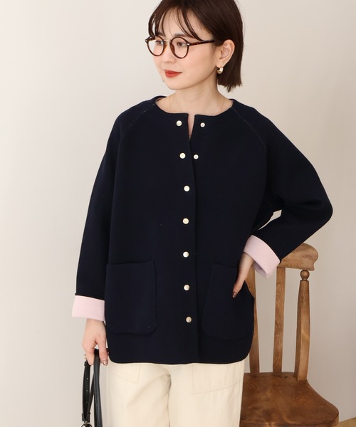 AMERICAN HOLIC(アメリカンホリック)の「Wフェイスラウンドヘム ラグランニットカーディガン(カーディガン/ボレロ・レディース・杢グレー/ライトベージュ/ダークネイビー・FREE)」の8枚目の写真