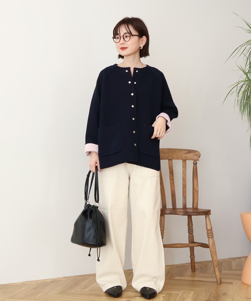 AMERICAN HOLIC(アメリカンホリック)の「Wフェイスラウンドヘム ラグランニットカーディガン(カーディガン/ボレロ・レディース・杢グレー/ライトベージュ/ダークネイビー・FREE)」の4枚目の写真