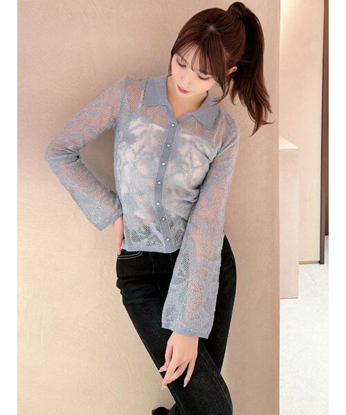 RESEXXY（リゼクシー）の「シアーポロニットトップス（ニット/セーター・レディース・ブルー/ブラック/アイボリー・FREE）」の4枚目の写真