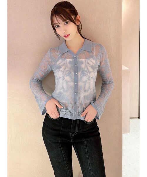 RESEXXY（リゼクシー）の「シアーポロニットトップス（ニット/セーター・レディース・ブルー/ブラック/アイボリー・FREE）」の5枚目の写真