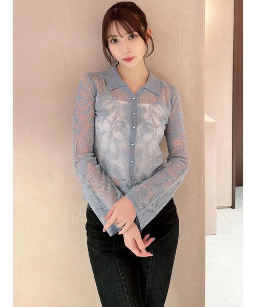 RESEXXY（リゼクシー）の「シアーポロニットトップス（ニット/セーター・レディース・ブルー/ブラック/アイボリー・FREE）」の6枚目の写真