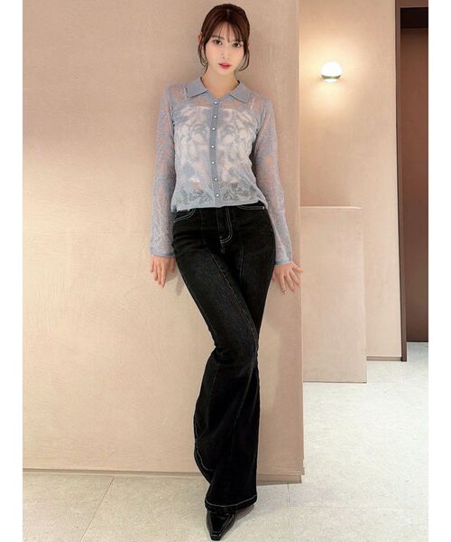 RESEXXY（リゼクシー）の「シアーポロニットトップス（ニット/セーター・レディース・ブルー/ブラック/アイボリー・FREE）」の7枚目の写真