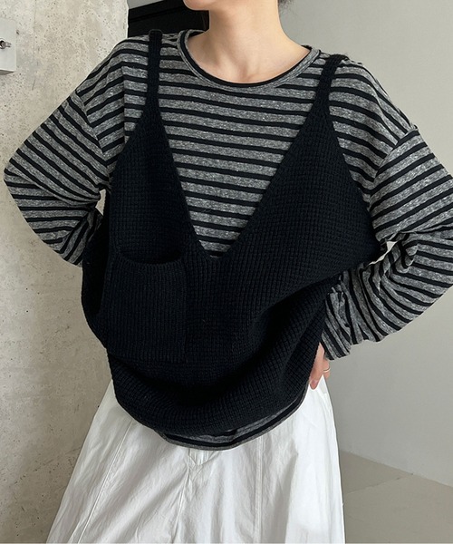 CHUL(チュル)の「ワッフル編みニットビスチェ(ニット/セーター・レディース・ダークグレー/グレー/ブラック・FREE)」の5枚目の写真