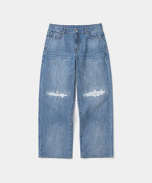 001 destroyed denim pants wide fit 13.5oz indigo blue