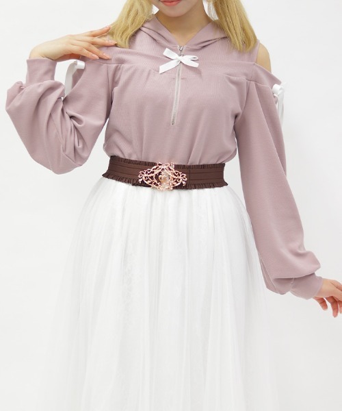 axes femme POETIQUE(アクシーズファムポエティック)の「リボン付きオフショルリブPO(Tシャツ/カットソー・レディース・サックスブルー/ブラック/ピンク・MEDIUM)」の1枚目の写真