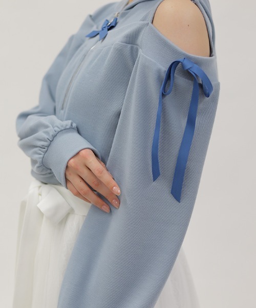 axes femme POETIQUE(アクシーズファムポエティック)の「リボン付きオフショルリブPO(Tシャツ/カットソー・レディース・サックスブルー/ブラック/ピンク・MEDIUM)」の8枚目の写真
