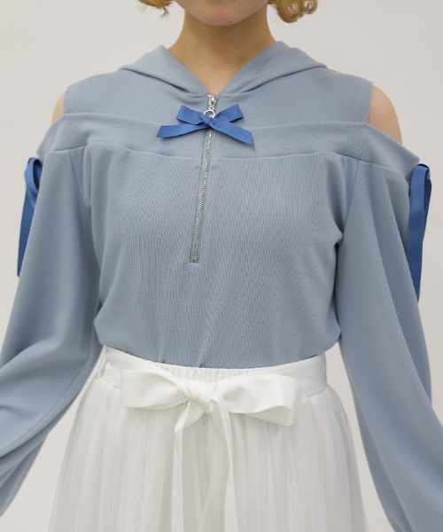 axes femme POETIQUE(アクシーズファムポエティック)の「リボン付きオフショルリブPO(Tシャツ/カットソー・レディース・サックスブルー/ブラック/ピンク・MEDIUM)」の9枚目の写真