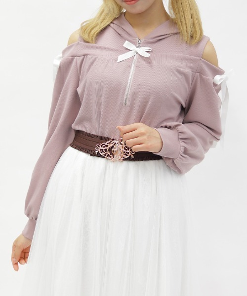 axes femme POETIQUE(アクシーズファムポエティック)の「リボン付きオフショルリブPO(Tシャツ/カットソー・レディース・サックスブルー/ブラック/ピンク・MEDIUM)」の12枚目の写真