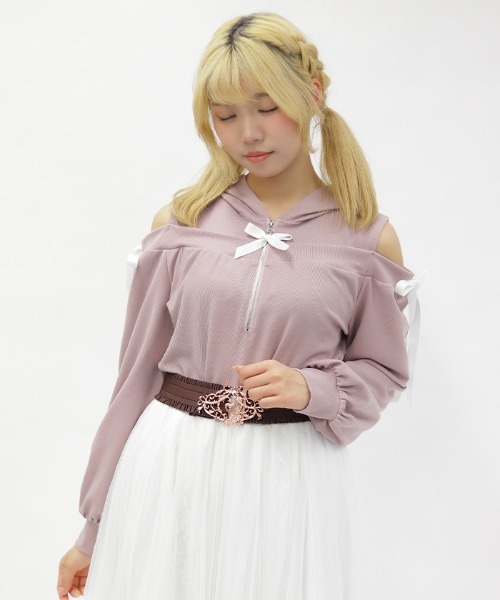 axes femme POETIQUE(アクシーズファムポエティック)の「リボン付きオフショルリブPO(Tシャツ/カットソー・レディース・サックスブルー/ブラック/ピンク・MEDIUM)」の13枚目の写真