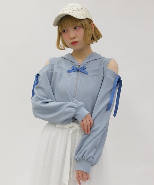 axes femme POETIQUE(アクシーズファムポエティック)の「リボン付きオフショルリブPO(Tシャツ/カットソー・レディース・サックスブルー/ブラック/ピンク・MEDIUM)」の14枚目の写真