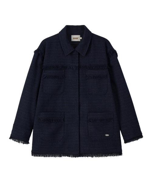 ERER(エルエル)の「Overfit Fringe Tweed Shirt Jacket Navy(テーラードジャケット・レディース・ネイビー・F)」の2枚目の写真