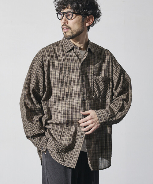 HINSON（ヒンソン）の「HINSON/ヒンソン シアサッカー レギュラーカラー ロングスリーブ チェックシャツ（シャツ/ブラウス・メンズ・ネイビー/ブラウン/グレー・MEDIUM/LARGE）」の3枚目の写真