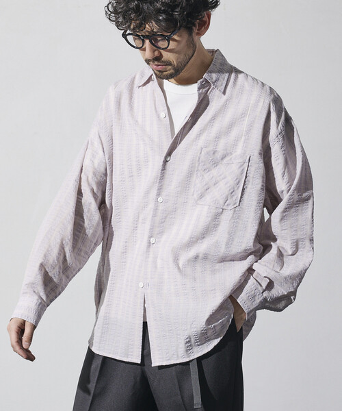 HINSON（ヒンソン）の「HINSON/ヒンソン シアサッカー レギュラーカラー ロングスリーブ チェックシャツ（シャツ/ブラウス・メンズ・ネイビー/ブラウン/グレー・MEDIUM/LARGE）」の2枚目の写真