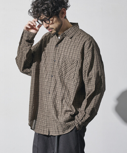 HINSON（ヒンソン）の「HINSON/ヒンソン シアサッカー レギュラーカラー ロングスリーブ チェックシャツ（シャツ/ブラウス・メンズ・ネイビー/ブラウン/グレー・MEDIUM/LARGE）」の11枚目の写真