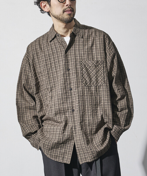 HINSON（ヒンソン）の「HINSON/ヒンソン シアサッカー レギュラーカラー ロングスリーブ チェックシャツ（シャツ/ブラウス・メンズ・ネイビー/ブラウン/グレー・MEDIUM/LARGE）」の8枚目の写真