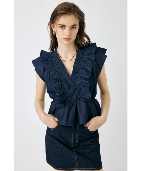 MOUSSY(マウジー)の「【EC・一部店舗限定】SHIRRING RUFFLE PEPLUM トップス(シャツ/ブラウス・レディース・ダークブルー/ブルー・FREE)」の1枚目の写真
