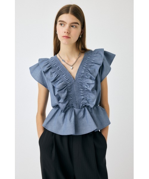 MOUSSY(マウジー)の「【EC・一部店舗限定】SHIRRING RUFFLE PEPLUM トップス(シャツ/ブラウス・レディース・ダークブルー/ブルー・FREE)」の3枚目の写真