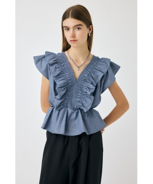 MOUSSY(マウジー)の「【EC・一部店舗限定】SHIRRING RUFFLE PEPLUM トップス(シャツ/ブラウス・レディース・ダークブルー/ブルー・FREE)」の7枚目の写真