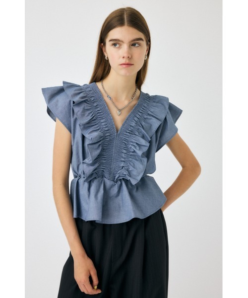 MOUSSY(マウジー)の「【EC・一部店舗限定】SHIRRING RUFFLE PEPLUM トップス(シャツ/ブラウス・レディース・ダークブルー/ブルー・FREE)」の8枚目の写真