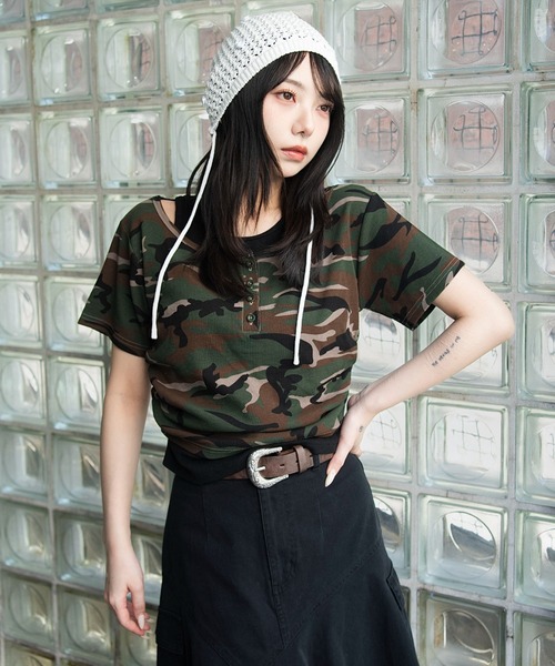 WEGO(ウィゴー)の「WEGO/レイヤードヘンリーネック半袖T(Tシャツ/カットソー・レディース・杢グレー/ホワイト/その他1・FREE)」の5枚目の写真
