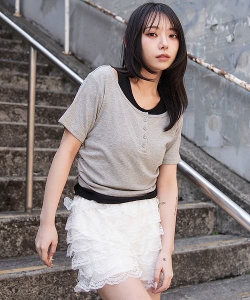 WEGO(ウィゴー)の「WEGO/レイヤードヘンリーネック半袖T(Tシャツ/カットソー・レディース・杢グレー/ホワイト/その他1・FREE)」の14枚目の写真