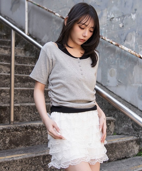 WEGO(ウィゴー)の「WEGO/レイヤードヘンリーネック半袖T(Tシャツ/カットソー・レディース・杢グレー/ホワイト/その他1・FREE)」の13枚目の写真