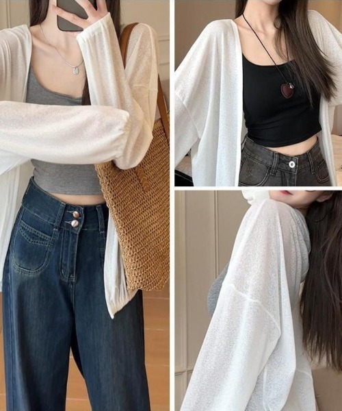 Forcement(フォースメント)の「夏服。軽やかな透け感とゆったりシルエットで抜け感をまとうシアーUVカットカーデ(カーディガン/ボレロ・レディース・ブラック/ベージュ/ホワイト・FREE)」の11枚目の写真