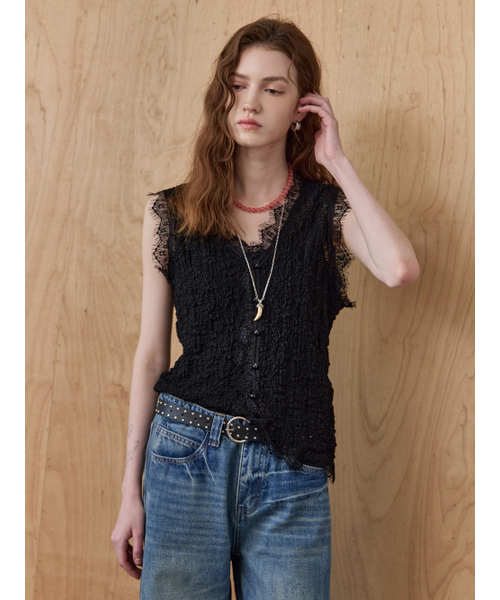 MAXZA(マージャコレクション)の「レースブロックフラワースカシスリーブレスニット(ニット/セーター・レディース・ブラック/ベージュ・FREE)」の4枚目の写真