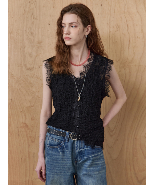 MAXZA(マージャコレクション)の「レースブロックフラワースカシスリーブレスニット(ニット/セーター・レディース・ブラック/ベージュ・FREE)」の5枚目の写真