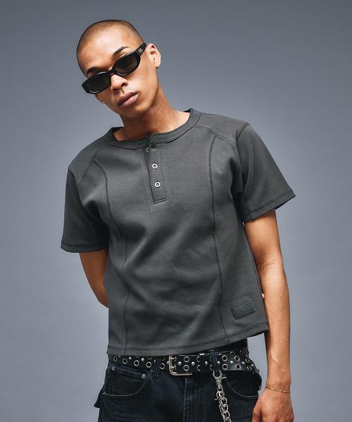 Slim Fit Henry neck Rib T-shirt/スリムフィットヘンリーネックリブT