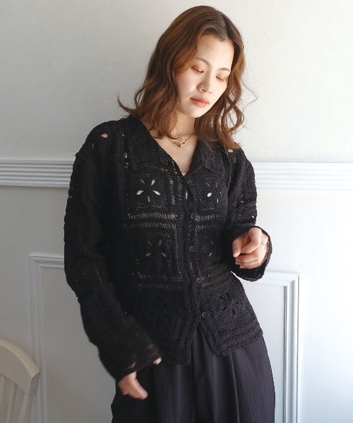 CORNERS(コーナーズ)の「かぎ針クロシェ編みカーディガン(カーディガン/ボレロ・レディース・ブラック/キナリ・M)」の4枚目の写真