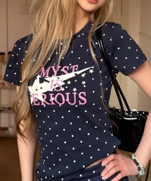 ドット柄 クルーネックスターグラフィックプリントTシャツ コンパクトT 半袖 Y2K